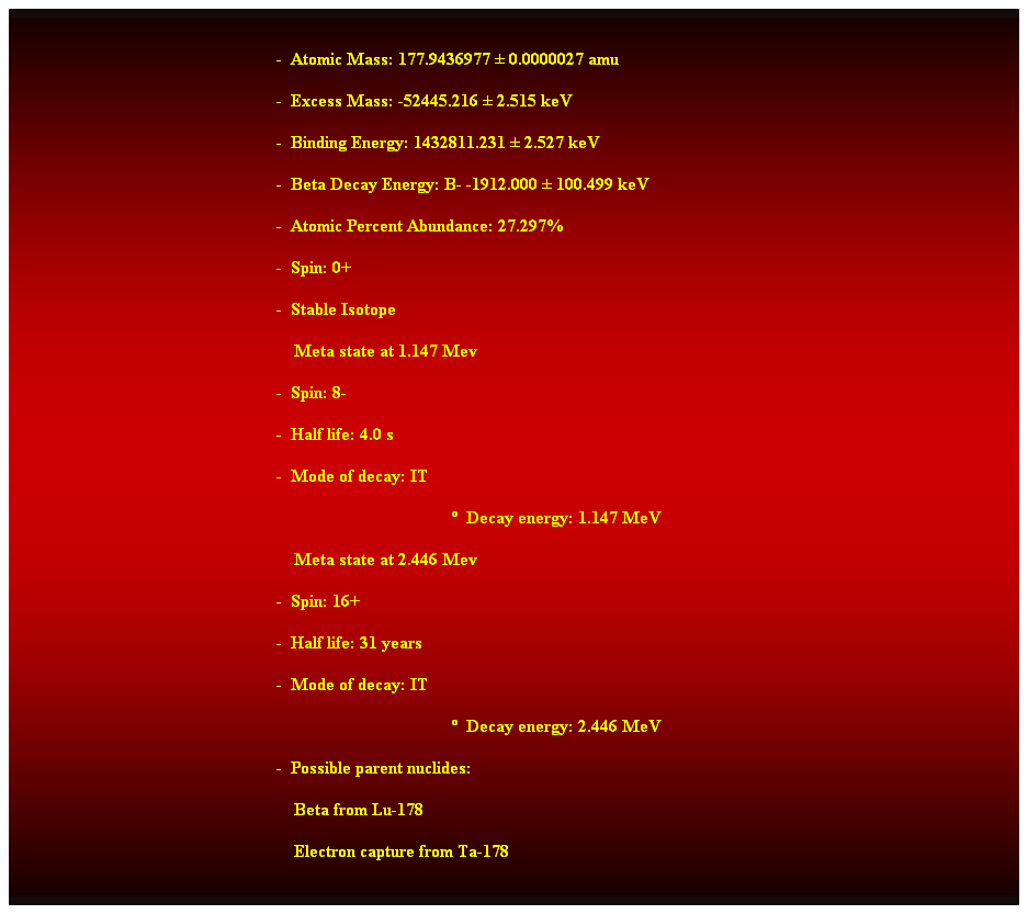 Cuadro de texto:  
-  Atomic Mass: 177.9436977  0.0000027 amu 
-  Excess Mass: -52445.216  2.515 keV 
-  Binding Energy: 1432811.231  2.527 keV 
-  Beta Decay Energy: B- -1912.000  100.499 keV 
-  Atomic Percent Abundance: 27.297% 
-  Spin: 0+ 
-  Stable Isotope 
    Meta state at 1.147 Mev 
-  Spin: 8- 
-  Half life: 4.0 s 
-  Mode of decay: IT 
  Decay energy: 1.147 MeV 
    Meta state at 2.446 Mev 
-  Spin: 16+ 
-  Half life: 31 years 
-  Mode of decay: IT 
  Decay energy: 2.446 MeV 
-  Possible parent nuclides: 
    Beta from Lu-178 
    Electron capture from Ta-178 
