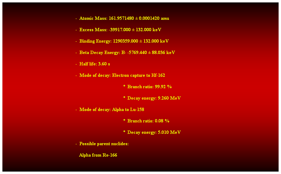 Cuadro de texto:  
-  Atomic Mass: 161.9571480  0.0001420 amu 
-  Excess Mass: -39917.000  132.000 keV 
-  Binding Energy: 1290359.000  132.000 keV 
-  Beta Decay Energy: B- -5769.440  88.036 keV 
-  Half life: 3.60 s 
-  Mode of decay: Electron capture to Hf-162 
  Branch ratio: 99.92 % 
  Decay energy: 9.260 MeV 
-  Mode of decay: Alpha to Lu-158 
  Branch ratio: 0.08 % 
  Decay energy: 5.010 MeV 
-  Possible parent nuclides: 
   Alpha from Re-166

