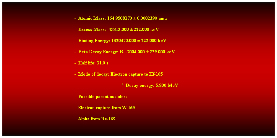 Cuadro de texto:  
-  Atomic Mass: 164.9508170  0.0002390 amu 
-  Excess Mass: -45813.000  222.000 keV 
-  Binding Energy: 1320470.000  222.000 keV 
-  Beta Decay Energy: B- -7004.000  239.000 keV 
-  Half life: 31.0 s 
-  Mode of decay: Electron capture to Hf-165 
  Decay energy: 5.800 MeV 
-  Possible parent nuclides: 
                                                               Electron capture from W-165 
                                                               Alpha from Re-169 
