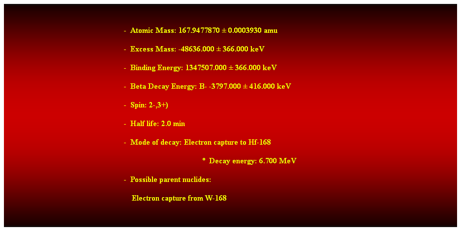 Cuadro de texto:  
-  Atomic Mass: 167.9477870  0.0003930 amu 
-  Excess Mass: -48636.000  366.000 keV 
-  Binding Energy: 1347507.000  366.000 keV 
-  Beta Decay Energy: B- -3797.000  416.000 keV 
-  Spin: 2-,3+) 
-  Half life: 2.0 min 
-  Mode of decay: Electron capture to Hf-168 
  Decay energy: 6.700 MeV 
-  Possible parent nuclides: 
    Electron capture from W-168
