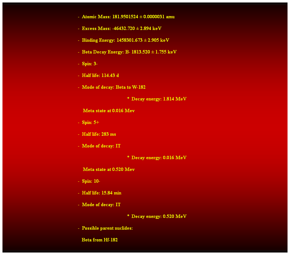 Cuadro de texto:  
-  Atomic Mass: 181.9501524  0.0000031 amu 
-  Excess Mass: -46432.720  2.894 keV 
-  Binding Energy: 1458301.673  2.905 keV 
-  Beta Decay Energy: B- 1813.520  1.755 keV 
-  Spin: 3- 
-  Half life: 114.43 d 
-  Mode of decay: Beta to W-182 
  Decay energy: 1.814 MeV 
    Meta state at 0.016 Mev 
-  Spin: 5+ 
-  Half life: 283 ms 
-  Mode of decay: IT 
  Decay energy: 0.016 MeV 
    Meta state at 0.520 Mev 
-  Spin: 10- 
-  Half life: 15.84 min 
-  Mode of decay: IT 
  Decay energy: 0.520 MeV 
-  Possible parent nuclides: 
   Beta from Hf-182 
