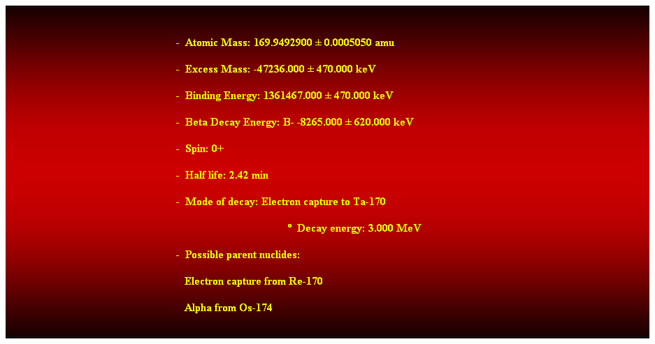 Cuadro de texto:  
-  Atomic Mass: 169.9492900  0.0005050 amu 
-  Excess Mass: -47236.000  470.000 keV 
-  Binding Energy: 1361467.000  470.000 keV 
-  Beta Decay Energy: B- -8265.000  620.000 keV 
-  Spin: 0+ 
-  Half life: 2.42 min 
-  Mode of decay: Electron capture to Ta-170 
  Decay energy: 3.000 MeV 
-  Possible parent nuclides: 
                                                               Electron capture from Re-170 
                                                               Alpha from Os-174 
