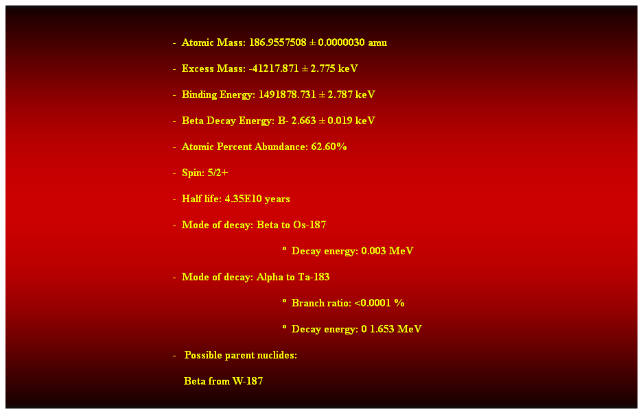 Cuadro de texto:  
-  Atomic Mass: 186.9557508  0.0000030 amu 
-  Excess Mass: -41217.871  2.775 keV 
-  Binding Energy: 1491878.731  2.787 keV 
-  Beta Decay Energy: B- 2.663  0.019 keV 
-  Atomic Percent Abundance: 62.60% 
-  Spin: 5/2+ 
-  Half life: 4.35E10 years 
-  Mode of decay: Beta to Os-187 
  Decay energy: 0.003 MeV 
-  Mode of decay: Alpha to Ta-183 
  Branch ratio: <0.0001 % 
  Decay energy: 0 1.653 MeV 
-   Possible parent nuclides: 
    Beta from W-187 
