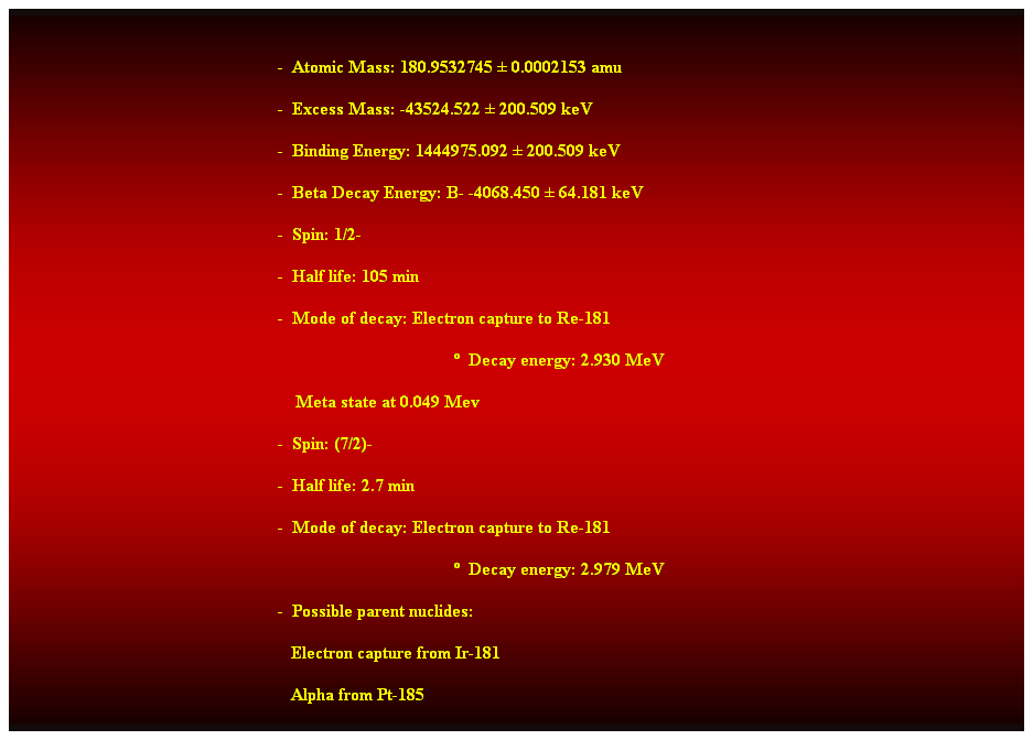 Cuadro de texto:  
-  Atomic Mass: 180.9532745  0.0002153 amu 
-  Excess Mass: -43524.522  200.509 keV 
-  Binding Energy: 1444975.092  200.509 keV 
-  Beta Decay Energy: B- -4068.450  64.181 keV 
-  Spin: 1/2- 
-  Half life: 105 min 
-  Mode of decay: Electron capture to Re-181 
  Decay energy: 2.930 MeV 
    Meta state at 0.049 Mev 
-  Spin: (7/2)- 
-  Half life: 2.7 min 
-  Mode of decay: Electron capture to Re-181 
  Decay energy: 2.979 MeV 
-  Possible parent nuclides: 
                                                               Electron capture from Ir-181 
                                                               Alpha from Pt-185 
