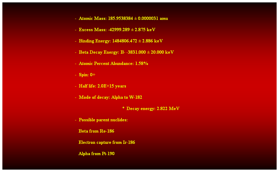 Cuadro de texto:  
-  Atomic Mass: 185.9538384  0.0000031 amu 
-  Excess Mass: -42999.289  2.875 keV 
-  Binding Energy: 1484806.472  2.886 keV 
-  Beta Decay Energy: B- -3831.000  20.000 keV 
-  Atomic Percent Abundance: 1.58% 
-  Spin: 0+ 
-  Half life: 2.0E+15 years 
-  Mode of decay: Alpha to W-182 
  Decay energy: 2.822 MeV 
-  Possible parent nuclides: 
   Beta from Re-186 
                                                               Electron capture from Ir-186 
                                                               Alpha from Pt-190 
