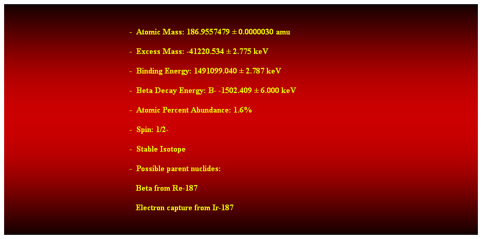 Cuadro de texto:  
-  Atomic Mass: 186.9557479  0.0000030 amu 
-  Excess Mass: -41220.534  2.775 keV 
-  Binding Energy: 1491099.040  2.787 keV 
-  Beta Decay Energy: B- -1502.409  6.000 keV 
-  Atomic Percent Abundance: 1.6% 
-  Spin: 1/2- 
-  Stable Isotope 
-  Possible parent nuclides: 
                                                               Beta from Re-187 
                                                               Electron capture from Ir-187 
