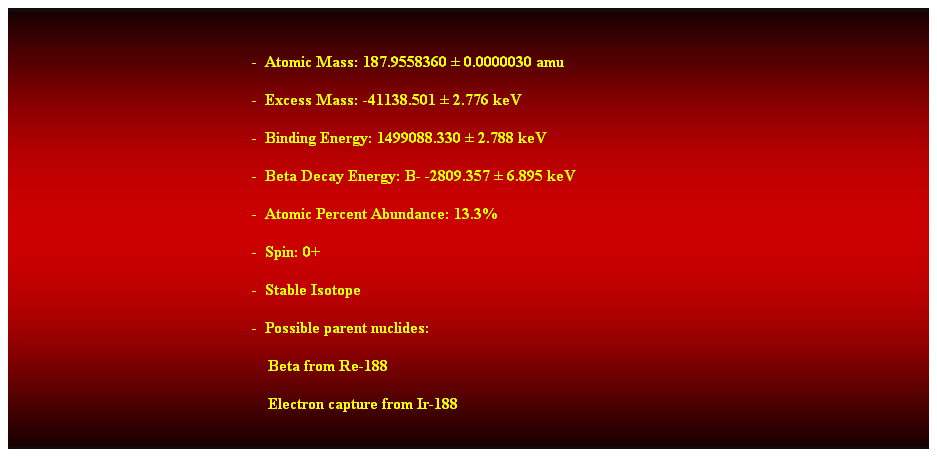 Cuadro de texto:  
-  Atomic Mass: 187.9558360  0.0000030 amu 
-  Excess Mass: -41138.501  2.776 keV 
-  Binding Energy: 1499088.330  2.788 keV 
-  Beta Decay Energy: B- -2809.357  6.895 keV 
-  Atomic Percent Abundance: 13.3% 
-  Spin: 0+ 
-  Stable Isotope 
-  Possible parent nuclides: 
                                                                Beta from Re-188 
                                                                Electron capture from Ir-188
