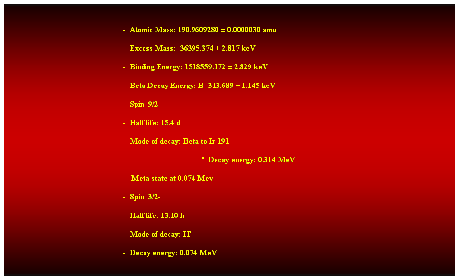 Cuadro de texto:  
-  Atomic Mass: 190.9609280  0.0000030 amu 
-  Excess Mass: -36395.374  2.817 keV 
-  Binding Energy: 1518559.172  2.829 keV 
-  Beta Decay Energy: B- 313.689  1.145 keV 
-  Spin: 9/2- 
-  Half life: 15.4 d 
-  Mode of decay: Beta to Ir-191 
  Decay energy: 0.314 MeV 
    Meta state at 0.074 Mev 
-  Spin: 3/2- 
-  Half life: 13.10 h 
-  Mode of decay: IT 
-  Decay energy: 0.074 MeV 
