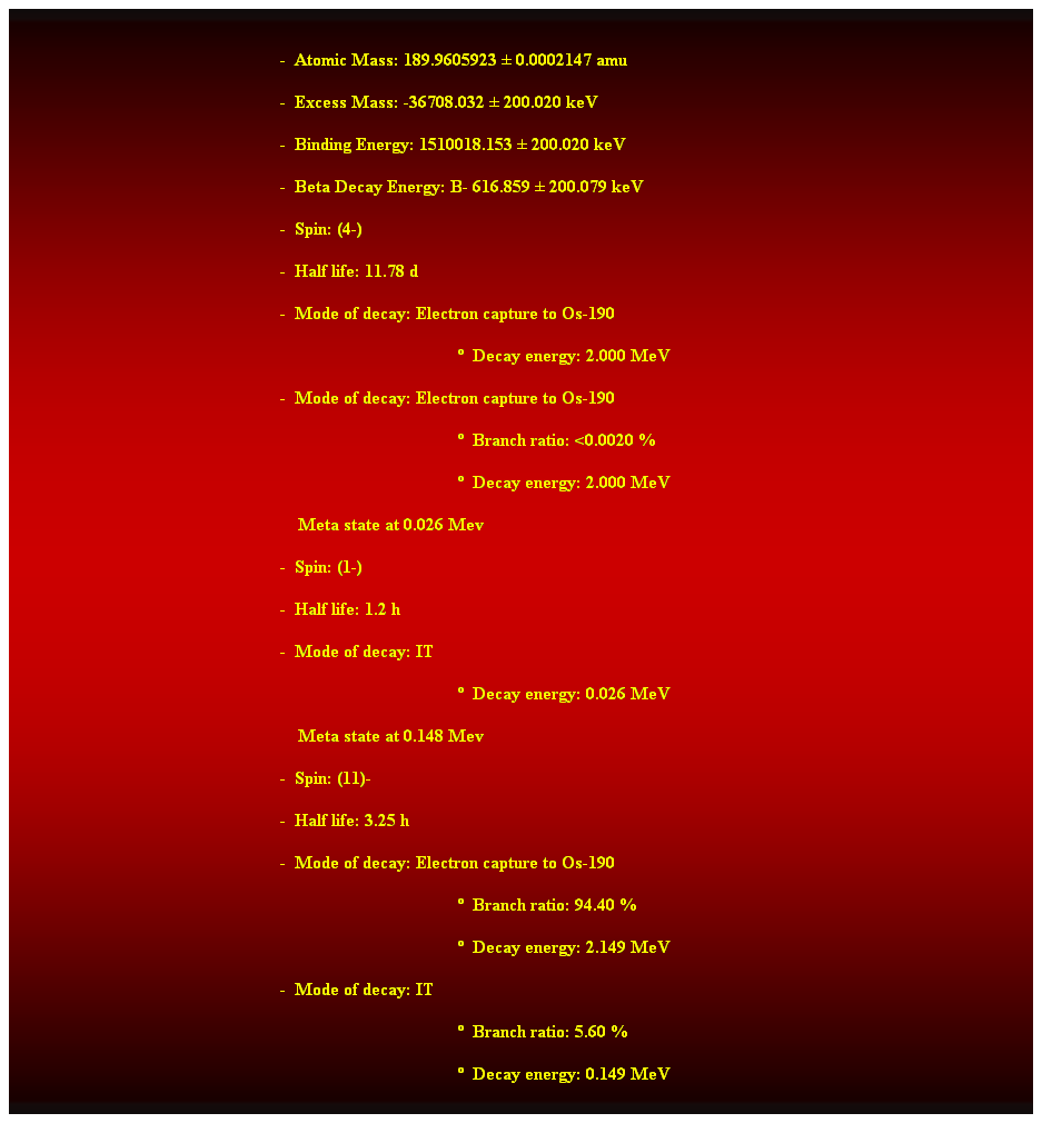 Cuadro de texto:  
-  Atomic Mass: 189.9605923  0.0002147 amu 
-  Excess Mass: -36708.032  200.020 keV 
-  Binding Energy: 1510018.153  200.020 keV 
-  Beta Decay Energy: B- 616.859  200.079 keV 
-  Spin: (4-) 
-  Half life: 11.78 d 
-  Mode of decay: Electron capture to Os-190 
  Decay energy: 2.000 MeV 
-  Mode of decay: Electron capture to Os-190 
  Branch ratio: <0.0020 % 
  Decay energy: 2.000 MeV 
    Meta state at 0.026 Mev 
-  Spin: (1-) 
-  Half life: 1.2 h 
-  Mode of decay: IT 
  Decay energy: 0.026 MeV 
    Meta state at 0.148 Mev 
-  Spin: (11)- 
-  Half life: 3.25 h 
-  Mode of decay: Electron capture to Os-190 
  Branch ratio: 94.40 % 
  Decay energy: 2.149 MeV 
-  Mode of decay: IT 
  Branch ratio: 5.60 % 
  Decay energy: 0.149 MeV 
