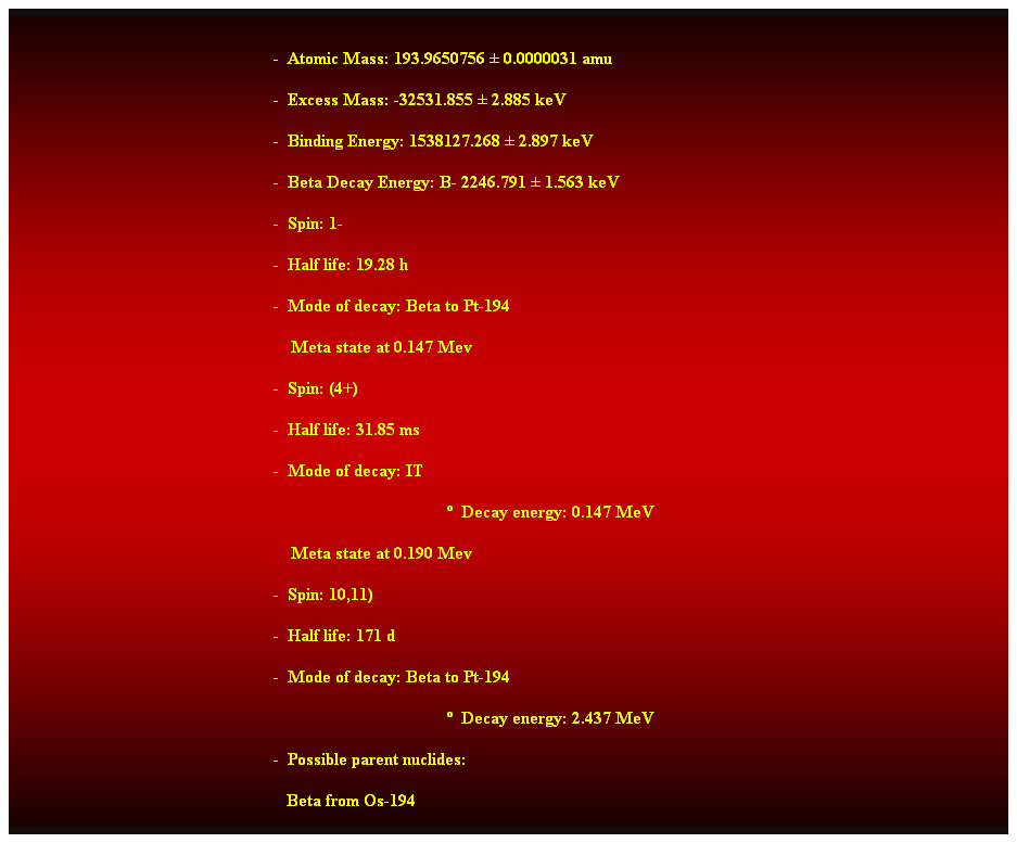 Cuadro de texto:  
-  Atomic Mass: 193.9650756  0.0000031 amu 
-  Excess Mass: -32531.855  2.885 keV 
-  Binding Energy: 1538127.268  2.897 keV 
-  Beta Decay Energy: B- 2246.791  1.563 keV 
-  Spin: 1- 
-  Half life: 19.28 h 
-  Mode of decay: Beta to Pt-194 
    Meta state at 0.147 Mev 
-  Spin: (4+) 
-  Half life: 31.85 ms 
-  Mode of decay: IT 
  Decay energy: 0.147 MeV 
    Meta state at 0.190 Mev 
-  Spin: 10,11) 
-  Half life: 171 d 
-  Mode of decay: Beta to Pt-194 
  Decay energy: 2.437 MeV 
-  Possible parent nuclides: 
   Beta from Os-194 
