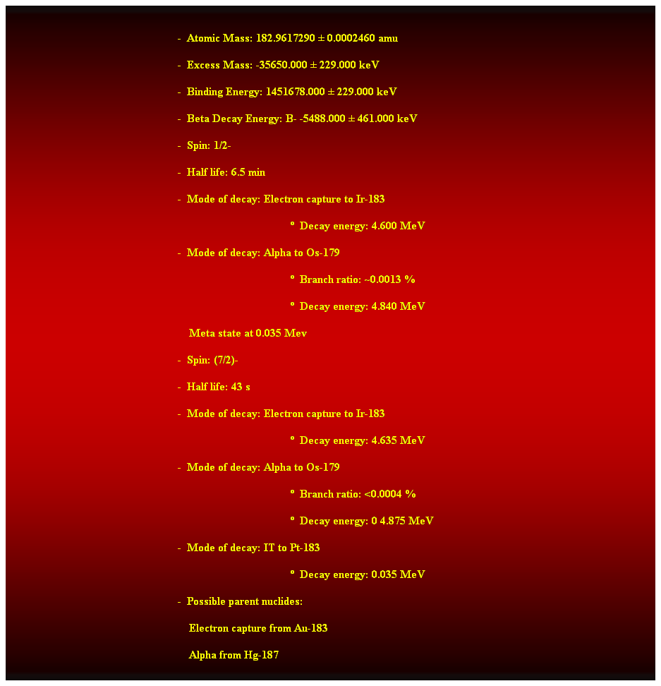 Cuadro de texto:  
-  Atomic Mass: 182.9617290  0.0002460 amu 
-  Excess Mass: -35650.000  229.000 keV 
-  Binding Energy: 1451678.000  229.000 keV 
-  Beta Decay Energy: B- -5488.000  461.000 keV 
-  Spin: 1/2- 
-  Half life: 6.5 min 
-  Mode of decay: Electron capture to Ir-183 
  Decay energy: 4.600 MeV 
-  Mode of decay: Alpha to Os-179 
  Branch ratio: ~0.0013 % 
  Decay energy: 4.840 MeV 
    Meta state at 0.035 Mev 
-  Spin: (7/2)- 
-  Half life: 43 s 
-  Mode of decay: Electron capture to Ir-183 
  Decay energy: 4.635 MeV 
-  Mode of decay: Alpha to Os-179 
  Branch ratio: <0.0004 % 
  Decay energy: 0 4.875 MeV 
-  Mode of decay: IT to Pt-183 
  Decay energy: 0.035 MeV 
-  Possible parent nuclides: 
    Electron capture from Au-183 
    Alpha from Hg-187 
