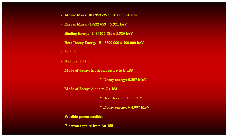 Cuadro de texto:  
-  Atomic Mass: 187.9593957  0.0000064 amu 
-  Excess Mass: -37822.659  5.921 keV 
-  Binding Energy: 1494207.781  5.926 keV 
-  Beta Decay Energy: B- -5300.000  100.000 keV 
-  Spin: 0+ 
-  Half life: 10.2 d 
-  Mode of decay: Electron capture to Ir-188 
  Decay energy: 0.507 MeV 
-  Mode of decay: Alpha to Os-184 
  Branch ratio: 0.00002 % 
  Decay energy: 6 4.007 MeV 
-  Possible parent nuclides: 
    Electron capture from Au-188 
