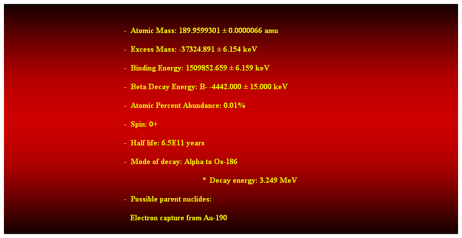 Cuadro de texto:  
-  Atomic Mass: 189.9599301  0.0000066 amu 
-  Excess Mass: -37324.891  6.154 keV 
-  Binding Energy: 1509852.659  6.159 keV 
-  Beta Decay Energy: B- -4442.000  15.000 keV 
-  Atomic Percent Abundance: 0.01% 
-  Spin: 0+ 
-  Half life: 6.5E11 years 
-  Mode of decay: Alpha to Os-186 
  Decay energy: 3.249 MeV 
-  Possible parent nuclides: 
   Electron capture from Au-190 
